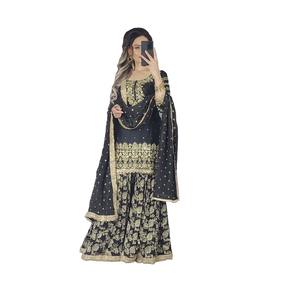 Ensemble indien à paillettes brodées Sharara Gharara Kurti Designer pakistanais vêtements ethniques 3 pièces en tissu Georgette cousu - Product Image 1