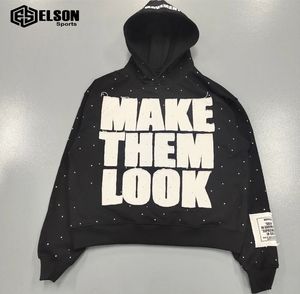 Top Qualité Détresse Hip Hop Acid Wash Sweat À Capuche Surdimensionné Strass Imprimer Pull Noir Hommes Hoodies - Product Image 1