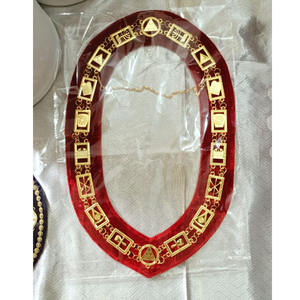 Collar de Cadena Masónico, Collar de Vestir, Cadena de Metal Dorado, Terciopelo Rojo, Doble Hilera de Pedrería, Collares Bordados a Mano - Product Image 3