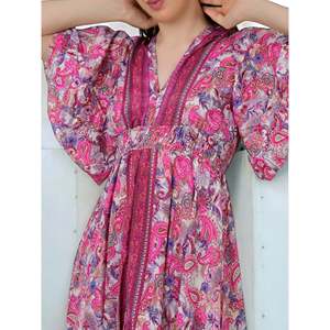 Summer Graceful Long Midi <b>Dress</b> Pink Evening Cocktail V-Neck Short Sleeve Silk Blend Wedding Guest <b>Dress</b> - Product Image 5