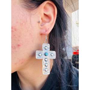 Tim Yazzie Kingman Turquoise & Sterling <b>Silver</b> <b>Drop</b> <b>Earrings</b> Dangle Cross Design for Christian Occasions Great Gift Idea - Product Image 2