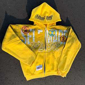 Sudadera con capucha lavada con ácido de gran tamaño personalizada, ropa de calle Vintage, gráfico bordado, 100% algodón, invierno, XL, con capucha, cremallera, diamantes de imitación - Product Image 1