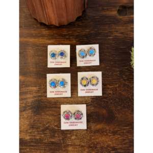 Zuni Handmade Opal & Sterling <b>Silver</b> <b>Stud</b> Earrings Flower Shaped with Bezel Setting for Gift - Product Image 1