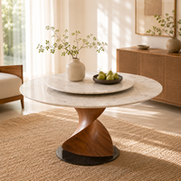 Table à manger ronde moderne en marbre écologique avec plateau tournant et piédestal en bois sculpté, 10 places