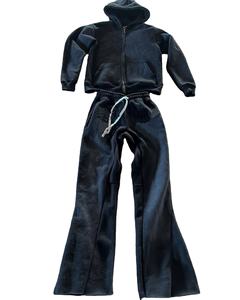 High Quality Custom Winter Woven Cotton Polyester Zipper Acid Wash <b>Hoodie</b> and Sweatpants Set Unisex - Product Image 1