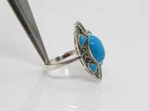Anillo de turquesa y marcasita vintage en plata de ley 925, tamaño 9, joyería elegante hecha a mano con piedras preciosas naturales - Product Image 2