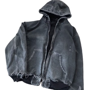 Chaqueta vaquera de trabajo a la moda, estampado en blanco, lavado ácido, lona de pato, prendas de vestir Vintage, bombardero, Sudadera con capucha de gran tamaño para hombres - Product Image 1