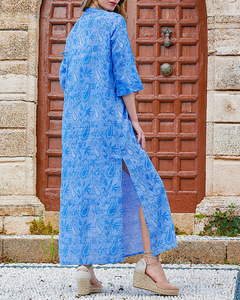 Blue Paisley Print Chiffon <b>Kaftan</b> Dress with V-Neck Batwing Sleeves Ankle-Length Loose Bohemian Style <b>Plus</b> <b>Size</b> Summer for Women - Product Image 2