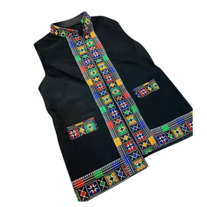 Gilet ethnique noir traditionnel fabriqué à la main pour hommes avec broderie géométrique complexe Orange violet et rouge - Product Image 4