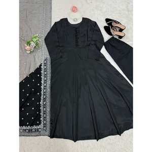 Conjunto de traje de seda Chinon de diseñador exclusivo, Dupatta bordada de red suave de lujo ligero para tallas de fiesta de Bollywood, verano e invierno - Product Image 1