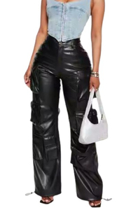 Pantalones Cargo de Cintura Alta, Transpirables, de Piel Sintética, con Bolsillos Planos, Estilo Urbano, Pierna Ancha, Casuales, Largos, para Hombre y Mujer, Lavados - Product Image 2