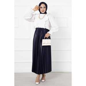 Jupe Hijab Bleu Marine en Satin Plissée Longue et Fine, Style Formel Droit, Brillante, Respirante, Taille Empire, en Laine Tricotée et Coton - Product Image 1