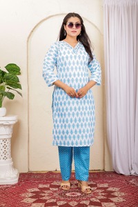 Kurta Larga Informal de Algodón Orgánico Puro con Corte Recto (Mangas 3/4) con Pantalón (Cintura Elástica, Cuello Bordado) - Product Image 3