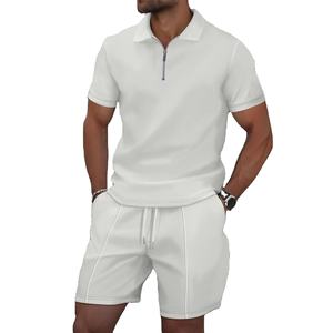 Men's Plus Size New Summer <b>Waffle</b> Short-Sleeve Suit Shorts Solid Color Zip-Up Lapel Two Sets - Product Image 6