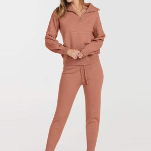 Women's Winter Solid Ribbed <b>Knit</b> <b>Set</b> Two Piece Matching Outfit Long Sleeve Wide Leg Casual Homewear 100% Cotton Eco-Friendly - Product Image 2