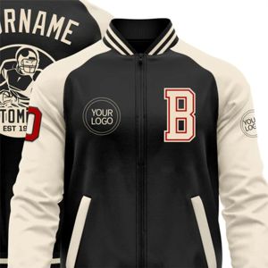 OEM Custom Manufacture High Quality <b>Black</b> Red-Cream Bomber Varsity Letterman Two Tone Zipper Jacket - Product Image 5