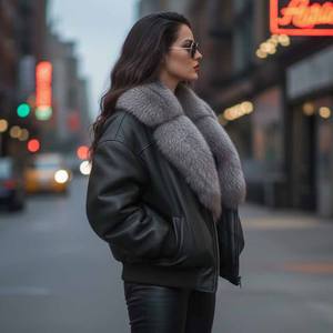 Blouson aviateur en cuir véritable noir avec col en fourrure de renard et fermeture éclair, style motard pour femme, vêtement d'extérieur coupe-vent pour l'hiver - Product Image 3