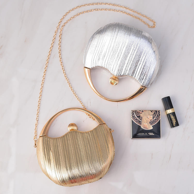Factory Direct Shiny Gold Glitter Evening Clutch Purse Half Round Party Bag  with Pearl Decoration PU Lining Diamond Material