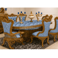 Ensemble de table à manger en teck doré de style néoclassique royal européen pliable avec 6 chaises, 7 pièces, meubles pour la maison
