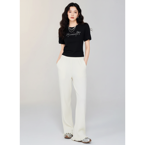 Pantalones de Pierna Ancha con Cintura Elástica, Tejido de Punto Acanalado, Transpirables, Ecológicos, con Dobladillo de Lechuga, para Mujer, Diseño Nuevo, Ropa Casual para Estar en Casa - Product Image 1