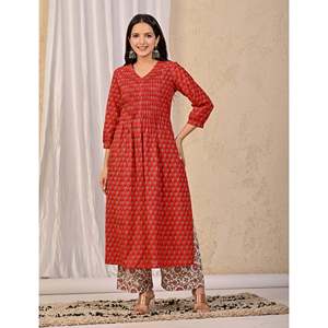 Ensemble Kurta et pantalon en coton imprimé rouge, style Salwar Kameez, broderie, tissu en filet, pour filles, tenue ethnique indienne pour les fêtes - Product Image 3