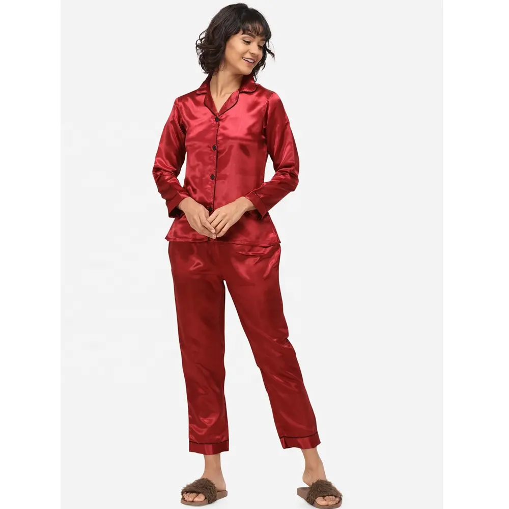 Red Silk Pajama Set Women Lace Plaid Colors Silky Girls Night Dresses Thin Casual Pajamas