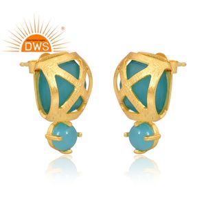 Superventas Plata de Ley 925 18K Flash chapado en oro Aqua Calcedonia piedra preciosa Stud pendiente Demi joyería fina para mujer - Product Image 3