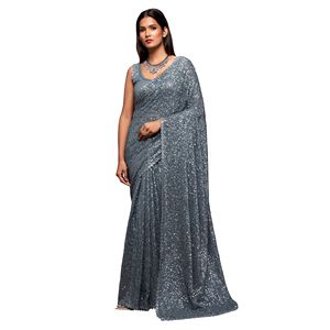 Trendmalls Femmes Lourdes Georgette Paillettes Saree Non Cousu Blouse Pièce (K951-Grey) Indien Pakistanais Vêtements Prix de gros - Product Image 1