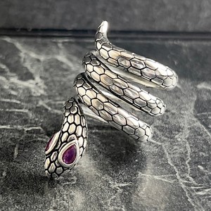 18K Gold-Plated Sterling <b>Silver</b> Gothic Animal Style <b>Adjustable</b> Wrap Snake <b>Ring</b> with Ruby Bezel Set Unisex Gift - Product Image 3