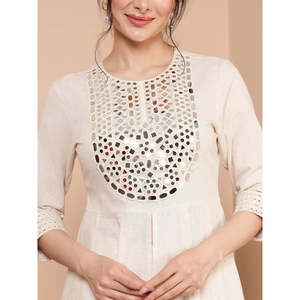 DEEBACO Mirror Embroidered Neck Patch Solid Cotton Long Anarkali Kurta Palazzo Co-ord <b>Set</b> Women's Stylish Front Slit Breathable - Product Image 2