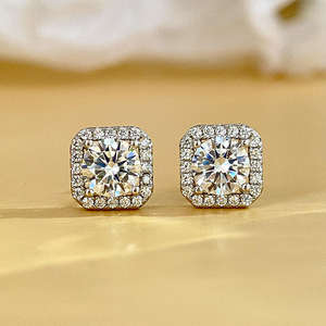 Pendientes de Botón con Halo de Diamantes de Laboratorio Redondos, Claridad VS-VVS, Color DEF, Oro Puro de 14K o Plata, con Diamantes Engastados en Pavé para Mujer - Product Image 2
