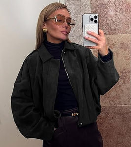 Blouson Bomber matelassé en cuir véritable imprimé pour femme avec fermeture éclair, logo frontal, col rabattable, manches longues, respirant - Product Image 6