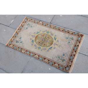 Turkish Vintage Small Rug 1.9x3.1 ft, <b>Brown</b> Blue Striped <b>Wool</b> Rug - Product Image 2