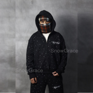 Sweat à capuche homme Boxy à épaules tombantes personnalisé Allover Rhinestones brodé écologique 500 GSM 80% coton 20% Polyester surdimensionné - Product Image 4