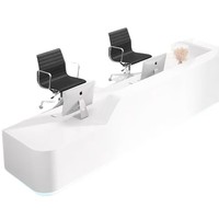 Bureau d'accueil moderne incurvé blanc brillant, écologique et durable, avec éclairage LED, élégant pour bureau, hall d'accueil, salon, boutique