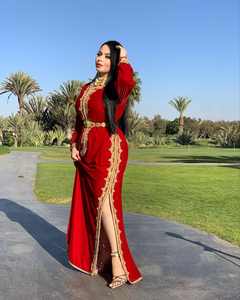 Handmade <b>Red</b> Velvet Moroccan Caftan Golden Embroidered Traditional Muslim Clothing For European <b>Girls</b> Woman - Product Image 6