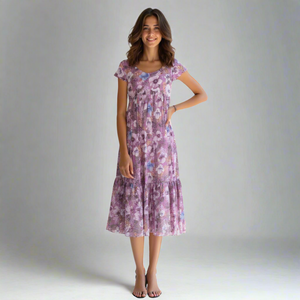 Vestido Midi con Estampado Floral de Seda para Mujer, Talla XS, Transpirable, Elegante, Cuello Cuadrado, Halter, Casual, para el Día - Product Image 1
