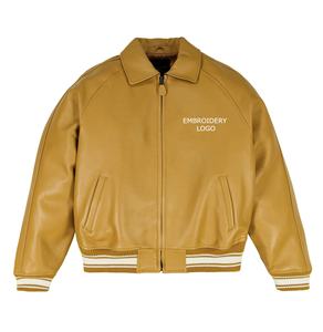 แจ็คเก็ตหนังผู้ชายแบบใหม่ ระบายอากาศได้ดี เป็นมิตรกับสิ่งแวดล้อม ปักโลโก้ ทรงบอมเบอร์ ซิปแบบวาร์ซิตี้ ไซส์พลัส ผลิตตามแบบ OEM ผ้ายีนส์สำเร็จรูป สไตล์ลำลอง - Product Image 1