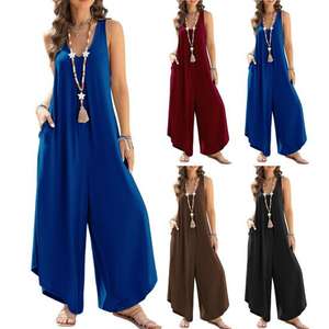 Women Summer Jumpsuit Loose Sleeveless Solid Colour Wide Leg V Neck Pockets Deep Soft Irregular Length Vacation <b>Long</b> Jumpsuit - Product Image 1