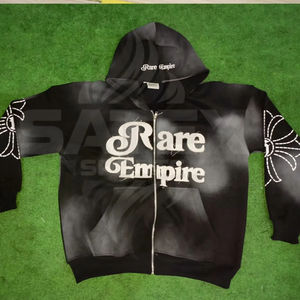 Sudadera con Capucha Unisex de Invierno, Estilo Vintage, Lavada, Decolorada por el Sol, con Logotipo Bordado Desgastado Personalizado, Forro Polar Grueso de Algodón, Cierre de Cremallera y Pedrería - Product Image 1