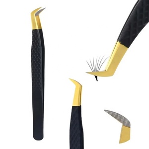 Pinzas para Extensión de Pestañas con Punta de Fibra Dorada y Negra, Curvadas en Forma de L, de Acero Inoxidable, Herramienta Profesional para Pestañas - Product Image 1