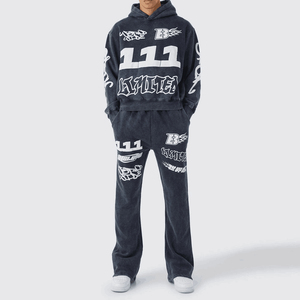 Ensemble survêtement streetwear imprimé délavé personnalisé, pantalon de survêtement et sweat-shirt, pantalon de survêtement ample délavé au soleil - Product Image 1