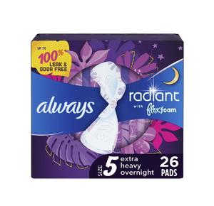 Toallas Femeninas Always Radiant con Alas, Talla 5, Extra Pesadas para la Noche, Paquete de 26, en Oferta, Ligeramente Perfumadas, Compra al por Mayor - Product Image 2