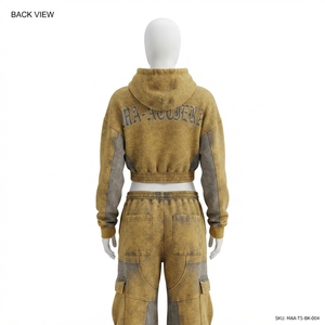 Custom Women Acid Wash Khaki Gray <b>Cropped</b> Zip Hoodie Cargo <b>Jogger</b> Set Cotton Fleece Streetwear Tracksuit OEM Wholesale - Product Image 3
