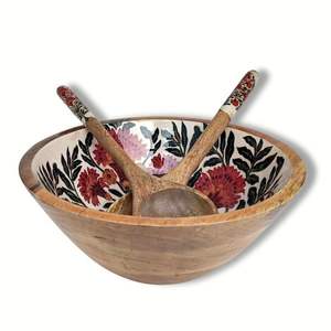 Ensaladera de madera hecha a mano con estampado de esmalte de alta calidad con utensilios, cuenco de vajilla ecológico y elegante para ensaladas y frutas - Product Image 3