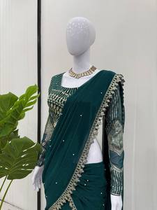 Nuevo Sari de Diseño en Color Rosa y Verde con Estilo de Volantes, Bordado de Georgette con Lentejuelas, Saris Indios para Bodas y Uso Diario - Product Image 3