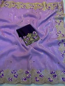 Sari de seda suave y crujiente con bordado a juego y blusa con bordado en contraste. - Product Image 6