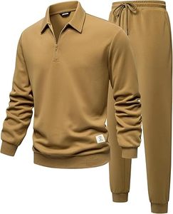 Ensemble de survêtement décontracté pour homme, 100% coton, 2 pièces, polo à fermeture éclair quart et pantalon de jogging - Product Image 1