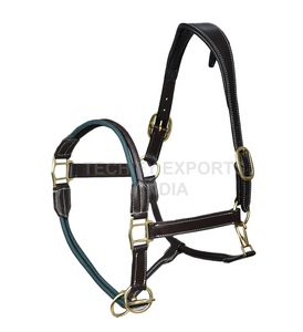 Licol de cheval en cuir de qualité supérieure avec ferrures en laiton et muserolle en corde bicolore, licol équestre réglable - Product Image 1