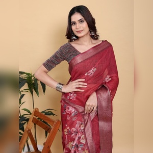 Sari Económico con Estampado Floral Color Granate con Borde Metálico de Zari GG-627, Sari Jacquard con Borde Tejido Religioso - Product Image 5